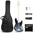 GLARRY Bass Guitar Full Size 4 String Exquisite Stylish Bass with Guitar Bag Power Line and Wrench Tool (Dark Blue, With AMP)