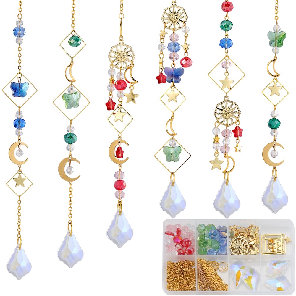 SUNNYCLUE 1 Box 254Pcs Garden Suncatchers Rainbow Makers DIY 6 Sets Sun Catchers Making Kit Golden Tone Sun Moon Star Charms Colorful Crystal Beads Prism Hanging Pendants for Windows Indoor Outdoor