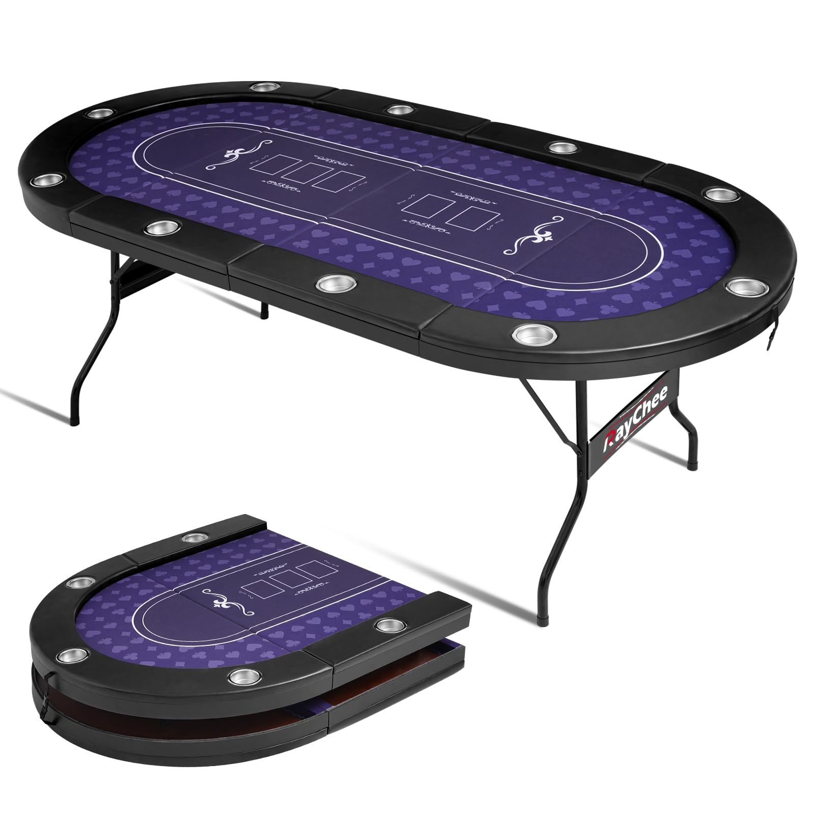 Photo 1 of REAHOISY Poker Table Foldable, Casino Leisure Gamimg Table for 8/10 Player, Folding Texas Holdem Blackjack Table with Padded Rails & Cup Holders for Home Game Room, 84 Inch