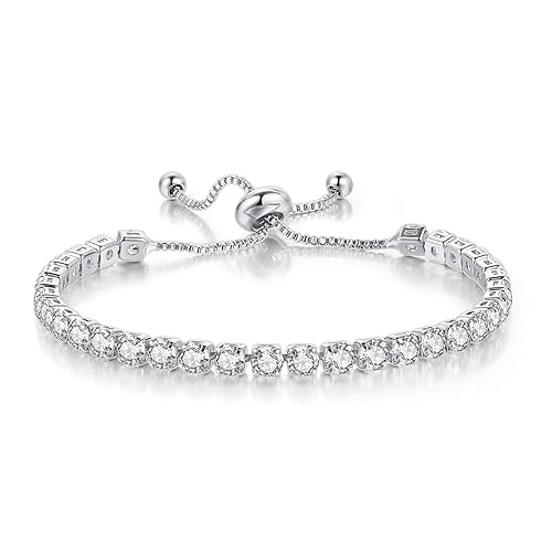GEMOSA Tennis Bracelets for Women White Gold Plated Diamond AAA+ Cubic  Zirconia CZ Dainty Classic Adjustable Slider Bracelet Silver Fashion  Jewelry
