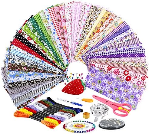 Biging 50 Pieces Cotton Craft Fabric Bundle Squares Patchwork Fabric DIY Sewing Scrapbooking Quilting Dot with 17 Pieces Sewing Kit