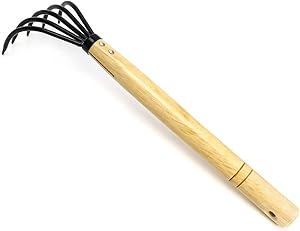 QWORK 15” Five Tines Garden Rake with Firm Grip, Military Grade Steel Gardeners Tine Cultivator Japanese Ninja Claw Rake for Pulverized and Aerated Soil