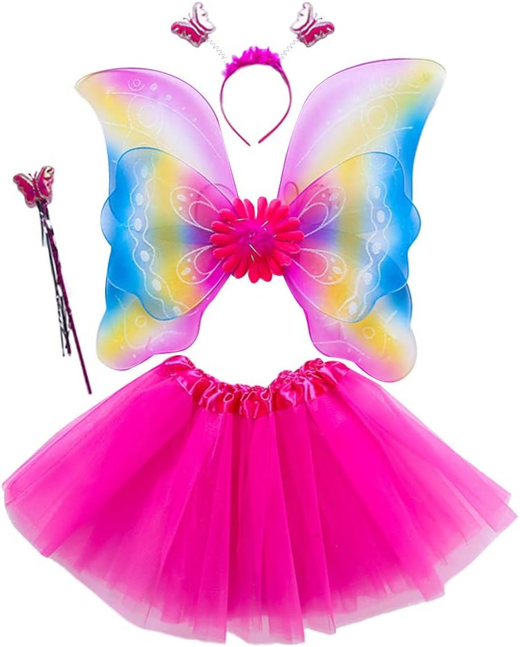 4Pcs Girls Fairy Costume Set, Rainbow Wings Three Layers Tulle Tutu Skirt Dress Magic Wand Headband for Princess Cosplay Party 3-8T