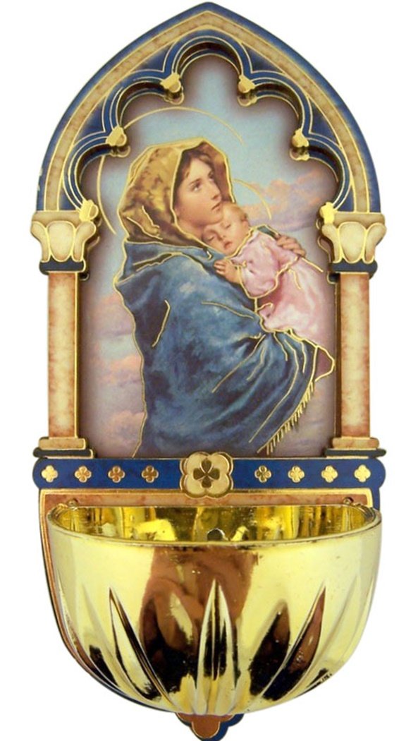 Religious Gifts Madonna of The Streets Gold Embossed Laser Cut Wood Multi-Dimensional Holy Water Font, 5 Inch