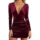 GOBLES Women's Sexy Velvet Long Sleeve V Neck Ruched Bodycon Mini Party Dress