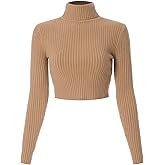 MixMatchy Women's Casual Turtleneck Long Sleeve Ribbed Sweaters Cropped Slim Fitted Knit Top