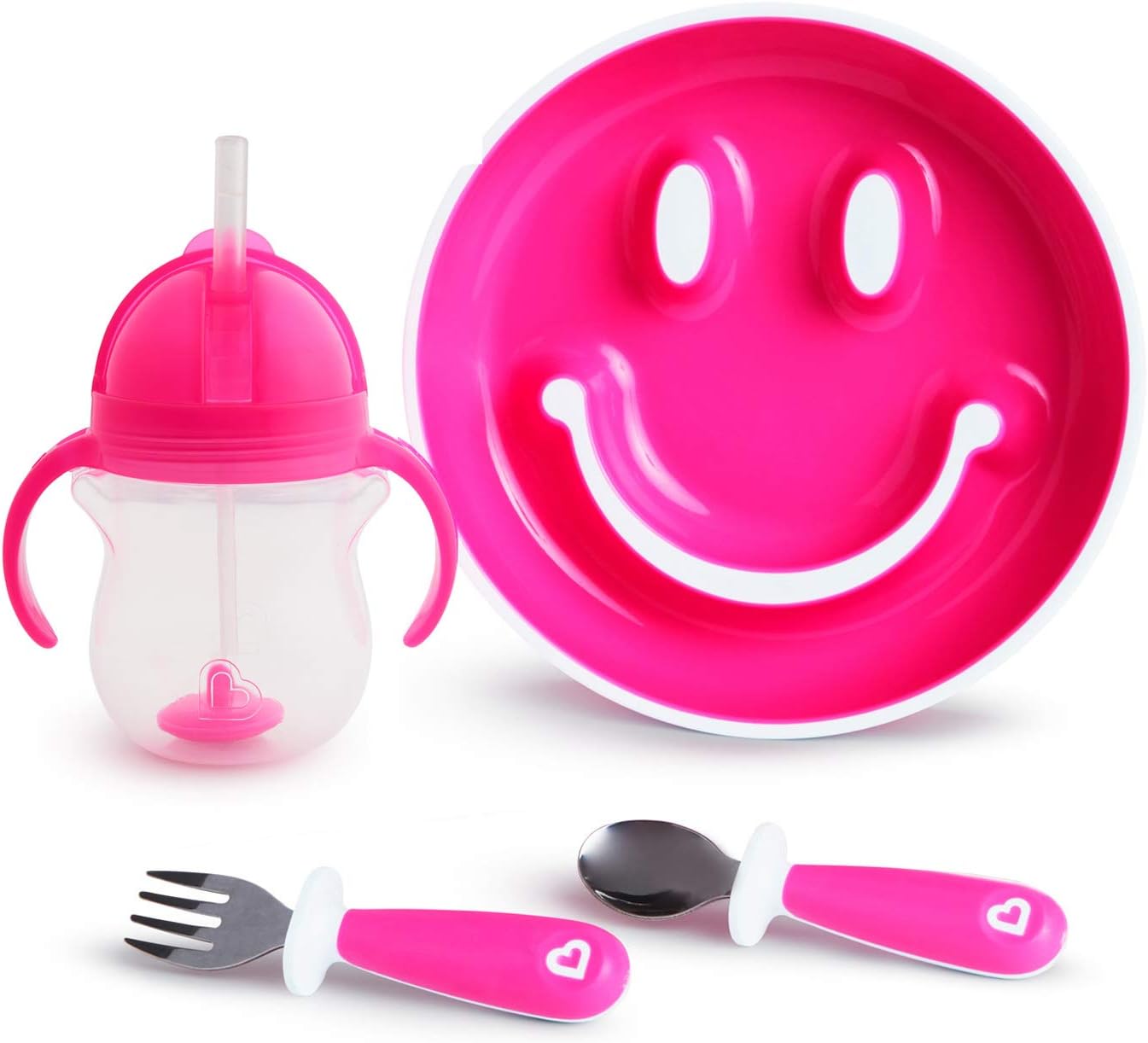 Munchkin® Be Happy Toddler Dining Set, Includes Suction Plate, Straw Cup and Utensil Set, Pink, 4 Piece set - Image 3
