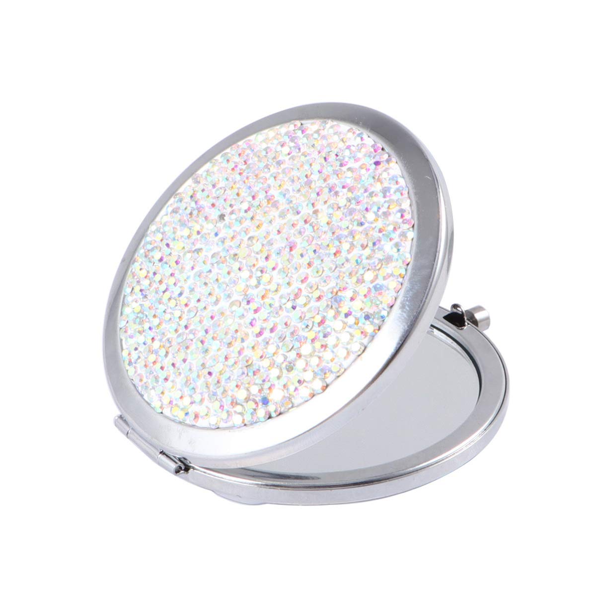 Lurrose Travel Wallet Bling Compact Mirror Round Folding Mirror Double- sided Cosmetic Portable Pocket Rhinestone for Travel and Home Use (Colorful White)