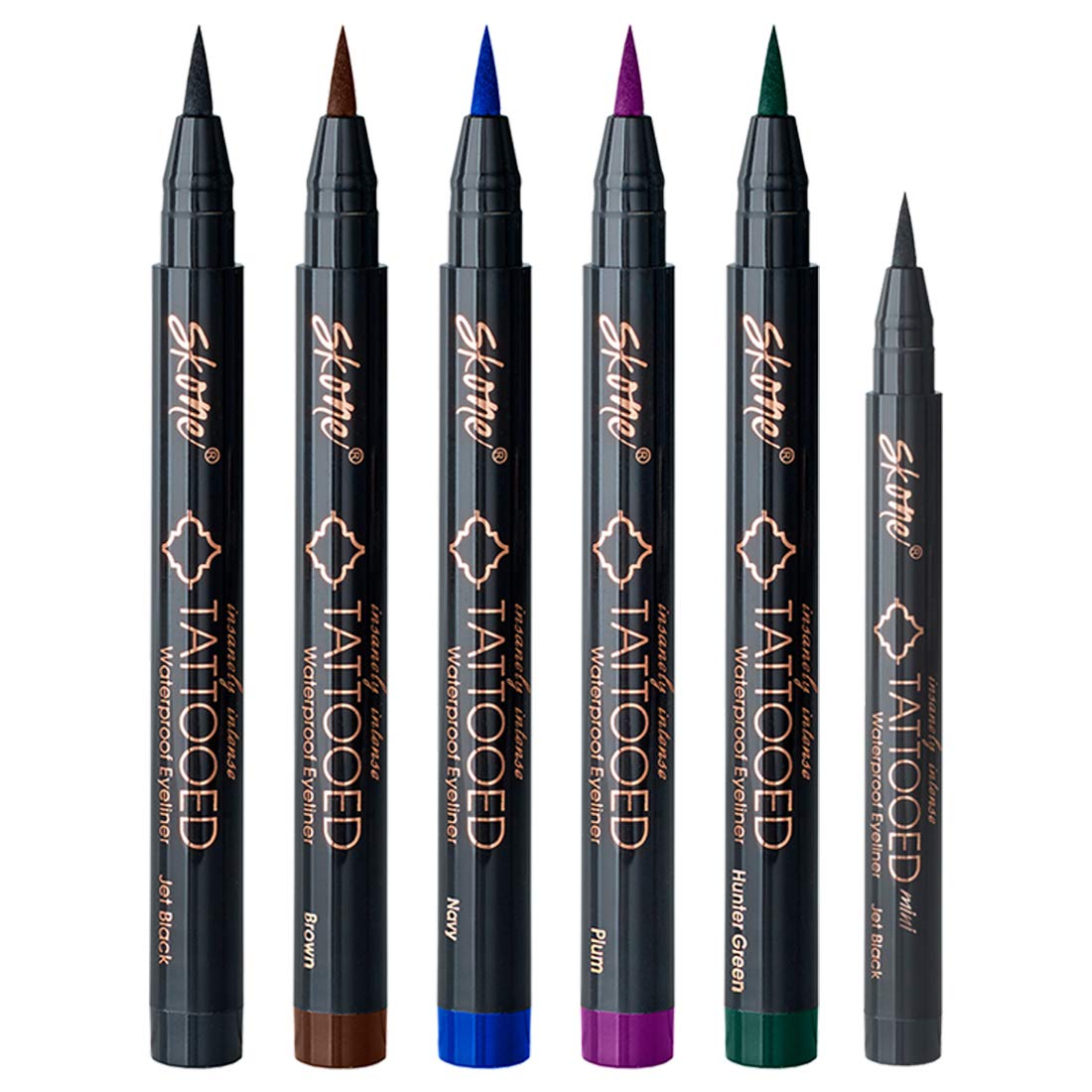 Skone Cosmetics | Insanely Intense Tattooed liquid Eyeliner | 5 piece Set | Smudge proof | Sweat Proof | 5 Bold Colors | Black | Brown | Navy | Plum | Hunter Green