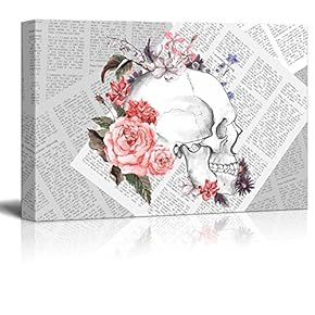 Canvas Wll Art - Skull with Flowers on Vintage Newspaper Background - Giclee Print and Stretched Ready to Hang - 12"x18"