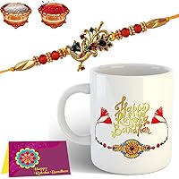 Tonkwalas Mug Rakhi Gift for Brother Combo Pack (Designer Rakhi, Printed Coffee Mug, Rakshabandhan Special Card, Roli Chawal)