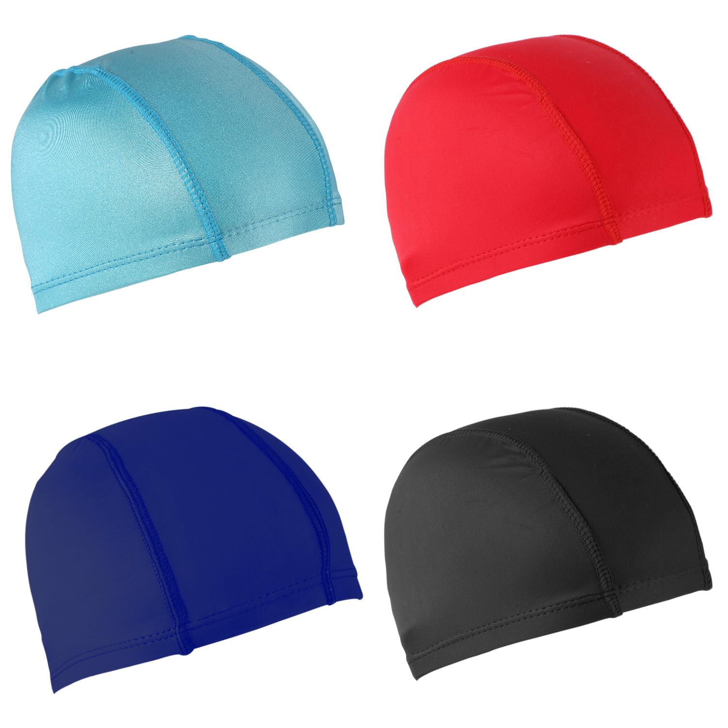 4pcs Elastic Swim Caps for Women Men Kids, Unisex Bathing Caps Anti-Slip Swimming Caps Swimming Pool Hat for Boys Girls Long & Short Hair (Black&Dark Blue&Blue&Red)