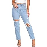 ZonJie Jeans for Women High Waist Wide Leg Distressed Raw Hem Destroyed Straight Leg Stretchy Denim Pants