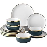 Pokini Porcelain Dinnerware Sets, 12 Piece Luxury China Plates and Bowls Sets, Green Dishes Set Gold Rim for Wedding Anniversary Birthday, Modern Dinner Plates Set