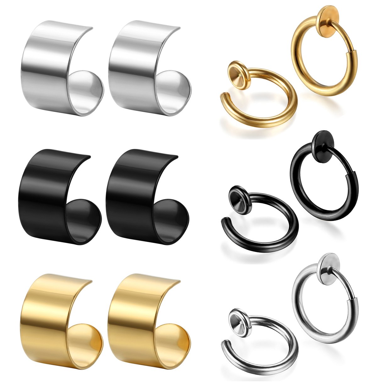 Cupimatch 6Pairs Mens Cool Stainless Steel Ear Cuff Clip On Non-Piercing Stud Earrings Set