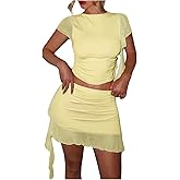 Floerns Women's 2 Piece Outfit Crew Neck Short Sleeve Mesh Ruched Top Ruffle Mini Skirt Going Out Sets