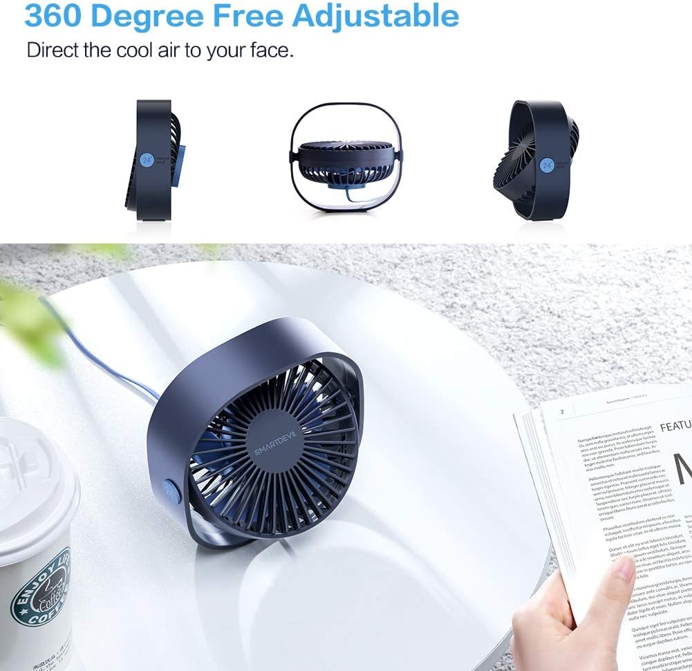 SmartDevil Small Personal USB Desk Fan,3 Speeds Portable Desktop Table Cooling Fan Powered by USB,Strong Wind,Quiet Operation,for Home Office Car Outdoor Travel (Navy Blue): Kitchen & Dining