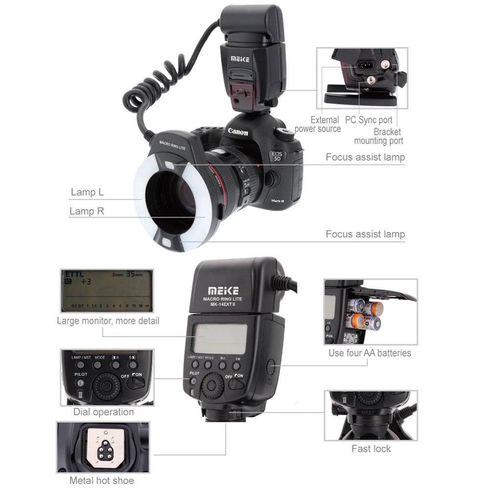 Meike Macro Ring Lite Flash Light for Canon EOS 5D Mark II, 6D, 7D, 70D, 60D, 60Da, 700D, 650D, 600D, 400D, 350D