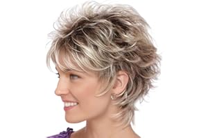 TISHINING Layered Short Blonde Pixie Wigs for White Women Dark Brown Ombre Blonde Pixie Cut Wig with Bangs Synthetic Natural Looking Daily Party Wig