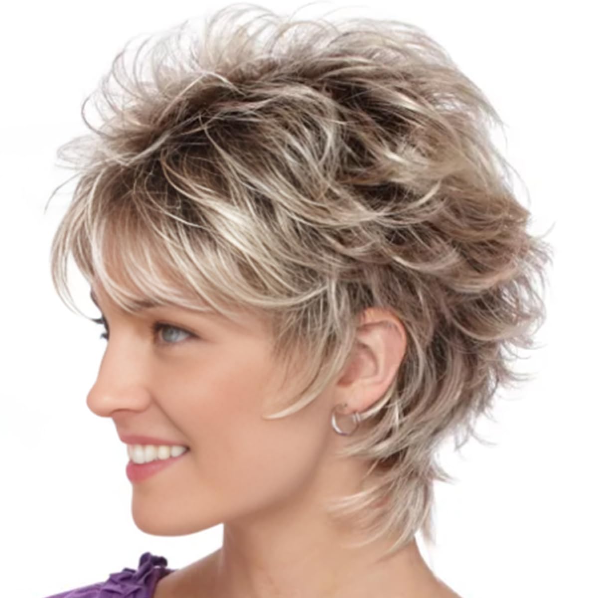 Photo 1 of TISHINING Layered Short Blonde Pixie Wigs for White Women Dark Brown Ombre Blonde Pixie Cut Wig with Bangs Synthetic Natural Looking Daily Party Wig