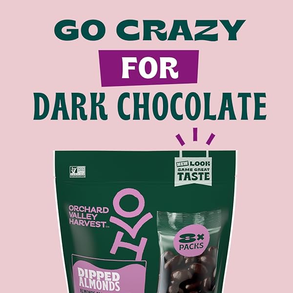 ORCHARD VALLEY HARVEST DARK CHOCOLATE DIPPED ALMONDS, GLUTEN FREE, NON-GMO, STAND UP BAG, NO ARTIFICIAL COLORS, FLAVORS OR PRESERVATIVES 8 OZ (PACK OF 1), ON-THE-GO SNACK FOR THE WHOLE FAMILY