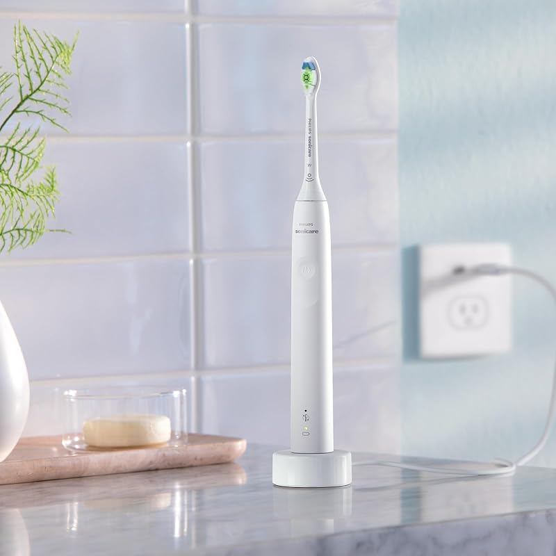 Sonicare 4100 - brosse à dents électrique pour adultes avec 1 tête de brosse à dents Philips W2 Optimal White blanche, coffret de voyage fin et chargeur USB (modèle HX3683/33)