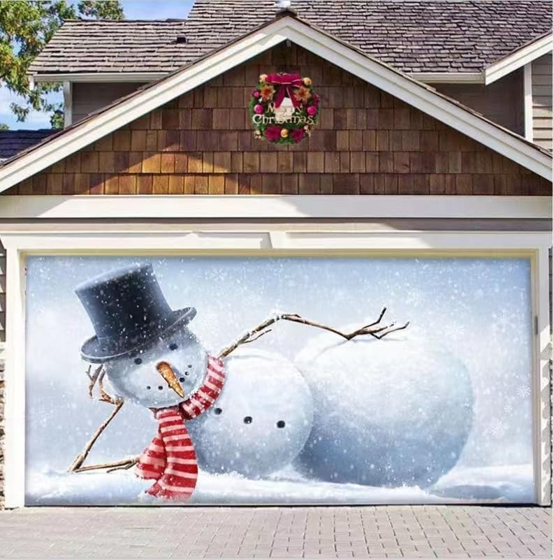 Garage Door Decorations - 7 x 16 ft Merry Christmas Holiday Banner Garage Door Cover Murals Winter Snowman Santa Outdoor Large Door Cover Decoration Indoor Outdoor Christmas Backdrop Decoration (Garage Door Decorations4)