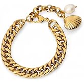 18K Gold Plated Chunky Cuban Link Chain Bracelet with Seashell and Freshwater Pearl, Gold Plated Over Stainless Steel, 7 Inch Length, 10mm Wide, Tarnish Proof, Hypoallergenic, Nickel Free
