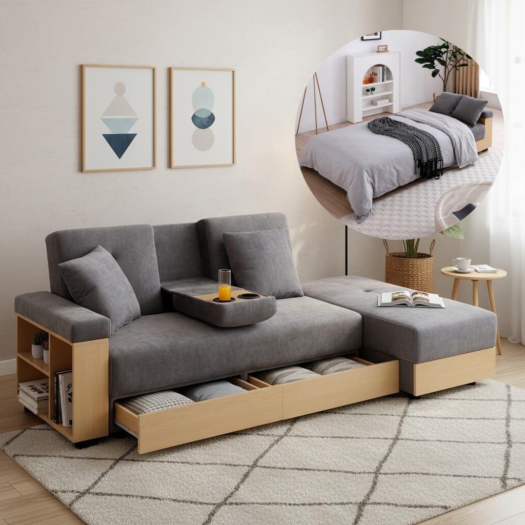 Photo 1 of Trygoal 85 Inch Convertible Sleeper Couch with Storage Ottoman, L-Shaped Couch with Drawers and Cup Holders, Multi-Functional Linen Sectional Sofa with Arm Built-in Bookshelves for Apartment, Grey