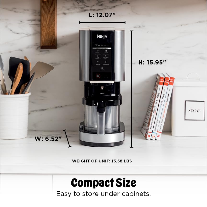 Ninja NC301 CREAMi máquina para hacer helados, para helados, mezclas, batidos, sorbetes, tazones para batidos y más, 7 programas de un solo toque, con (2) recipientes de pinta y tapas, tamaño compacto, perfecto para niños, plateado