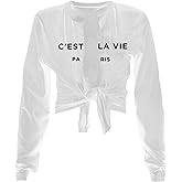 Zoyami Womens Sexy Tie Front Crop Top Long Sleeve Graphic Tee Shirt Clubwear