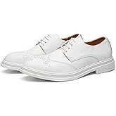 Men's Classic Leather Wingtip Low Heel Oxford Shoes Fashion Pointed Toe Comfort Non Slip White Dress Shoes Business Office Wedding Shoes