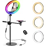 Overhead Phone Camera Mount with Ring Light for Video Recording, Cooking Filming. Content Creator Kit with 10.5" RGB Ringlight, Desk Stand and 2 Phone Holder, Remote, Overhead Tripod for iPhone