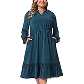 Agnes Orinda Plus Size Women's Ruffle V Neck Long Sleeve Tiered Midi Dress Flowy A Line Layered Fall Dress Casual