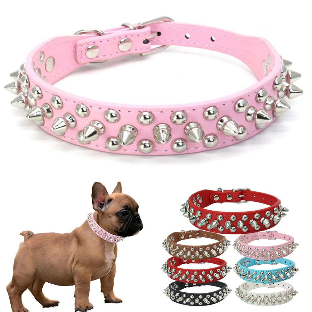 HimyBB Rivet Studded Cat Puppy Dog Collar Adjustable Pu Leather Pet Collars Pink Large