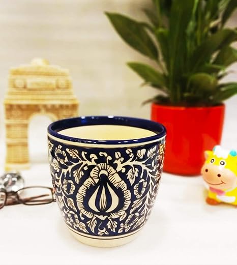 Exotic Green Handmade Mughal Art Printed Blue Ceramic Pottery, Planter Bowls, Plant Container, Blue Pot Size 5.5