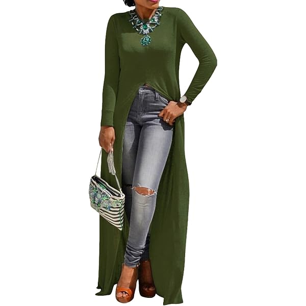 MACCHIASHINE Sexy Open Front Split Long Sleeve Party Maxi Dress Tunic Shirt  Tops(AG-S) Army Green at Amazon Women's Clothing store
