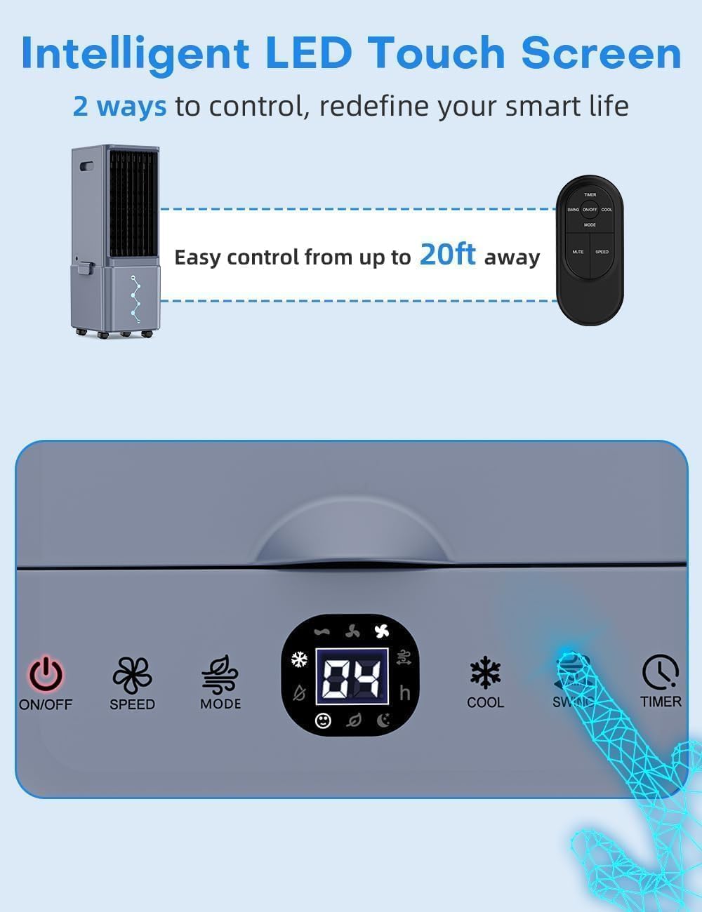 Windowless Air Conditioner w/ 4 Modes & 3 Speeds, Waterless Alert, 2.4-Gal Tank for 20H Cooling, 12H Timer, 20FT Remote, 70° Auto Swing Evaporative Air Cooler, Portable AC Unit for Bedroom