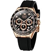 OLEVS Men Analog Quartz Waterproof Watches Multifunction Chronograph Diamond Moon Phase Luminous Silicone Band Wrist Watches