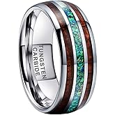 TUTISS 8mm Silver/Black/Gunmetal/Rose Gold Tungsten Rings for Men Women Engagement Wedding Bands Koa Wood Green Opal Inlay Domed I Love You Engraved Comfort Fit