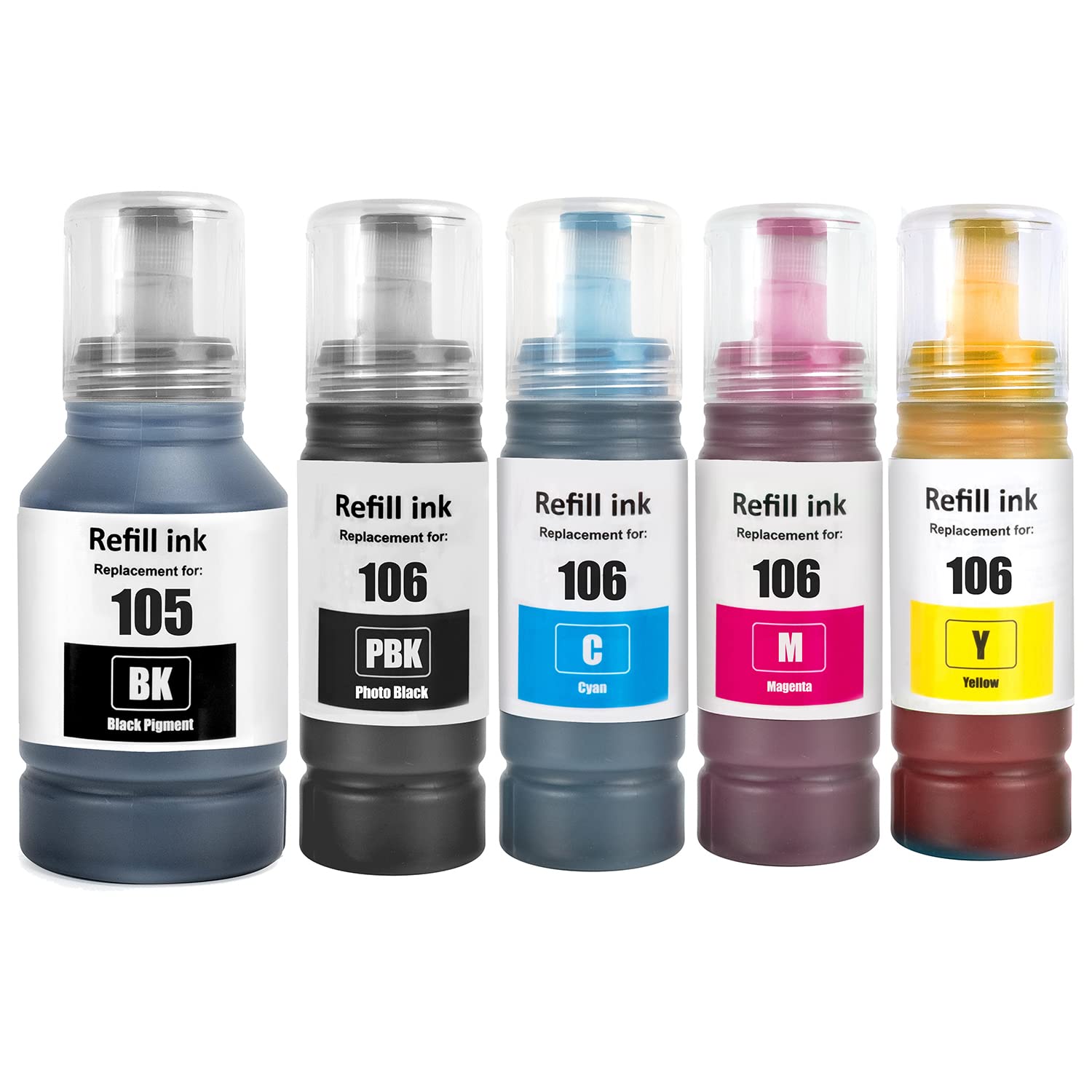 SHUOLEI 105 106 Ink Compatible with Epson 105 106 Ink Cartridges Bottle Multipack for EP L-7160 L-7180 ET-7700 ET-7750 (5 Pack, Black/Photo Black/Cyan/Magenta/Yellow)