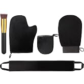 Boao 5 Pcs Back Tanning Mitt Self Tanner Applicator Gloves,Black | Includes Tanning Mitts, Exfoliating Glove, Face Mitt, Back Applicator Strap, Makeup Brush for Full Body Sunless Tan
