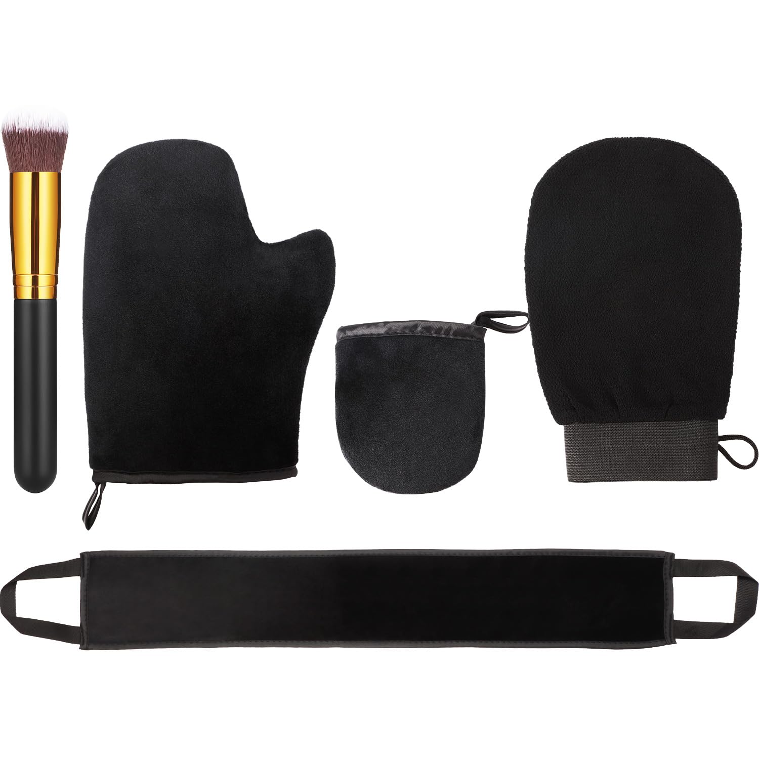 5 Pieces Self Tanning Mitt Applicator Kit, Includes Exfoliating Glove, Tanning Mitt, Mini Face Mitt, Back Lotion Applicator with Self Tanner Brush Large Flat Top Makeup Brush (Black)