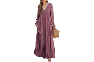 R.Vivimos Maxi Dress for Women Long Sleeve V Neck Empire Waist Layered Ruffle Boho Casual Flowy Long Dresses