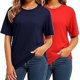 Combed Cotton Summer Tops for Women – Short Sleeve Crewneck T-Shirts, Compact Knit Loose Fit Basic Tees 2 Pack Black White