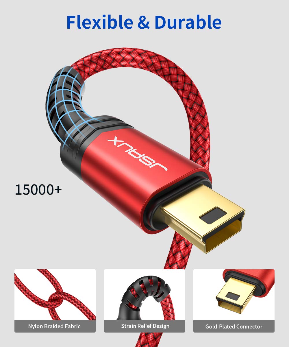 JSAUX Mini USB to Type C Cable, USB C to Mini USB 6.6FT Cable Charging Cord for GoPro Hero 3+, PS3 Controller, MP3 Player, Dash Cam, Digital Camera, GPS Receiver, PDAs and More Mini B Devices 2M/Red