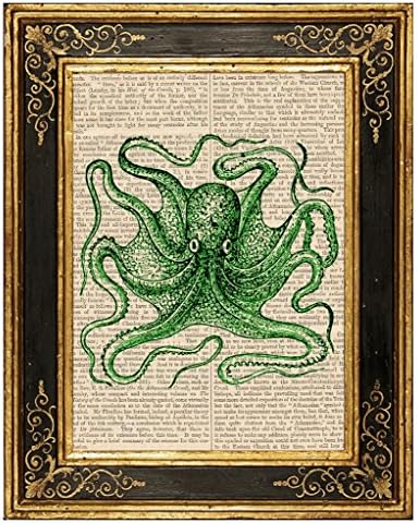 Dreamery Studio, Green Octopus #7 Art Print on Upcycled Antique Book Page, 8x10.5