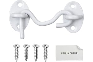 Eco-Fused 3-inch Heavy Duty Hook and Eye Latch - 1x Barn Door Lock (White), 4X Mounting Screws - Powder Coated Stainless Steel Hooks for Door, Windows, Sheds, Fences, Gates, Closets, Cabinets