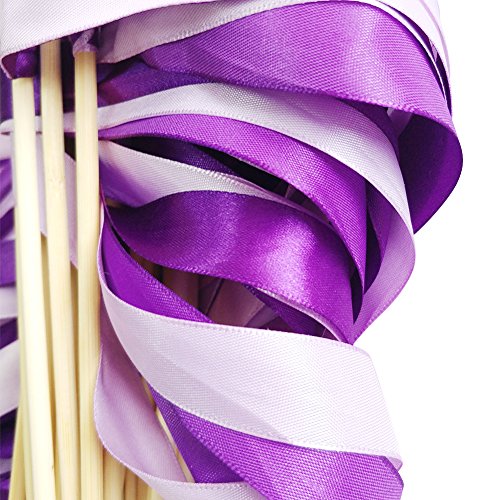 Hangnuo 30 Pack Ribbon Wands Wedding Streamers with Bells, Fairy Stick Wand Party Favors for Baby Shower Holiday Celebration, Double Purple