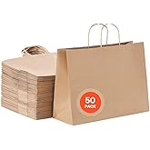 VEVOR Kraft Paper Bags with Handles, 50Pcs 16 x 6 x 12 in, Large Paper Grocery Bags, Reusable & Recycled Brown Take-Out Sacks, Plain Party Bag Bulk for Birthday, Wedding, Business, Goody, Craft